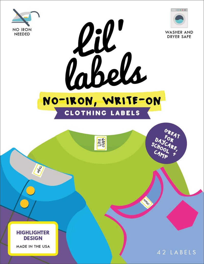 Lil' Labels Clothing Labels, Name Labels, Washer and Dryer Safe, No-Iron, Labels for Daycare, Washable, Write-On, Made in The USA, Highlighter Design, Set of 1 - Image 1
